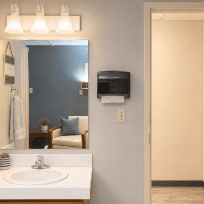 A bathroom area with a white sink and countertop, a wall-mounted black paper towel dispenser, and a mirror reflecting a cozy seating nook with a white armchair, a blue cushion, a small side table with a plant, and a wall-mounted light fixture.