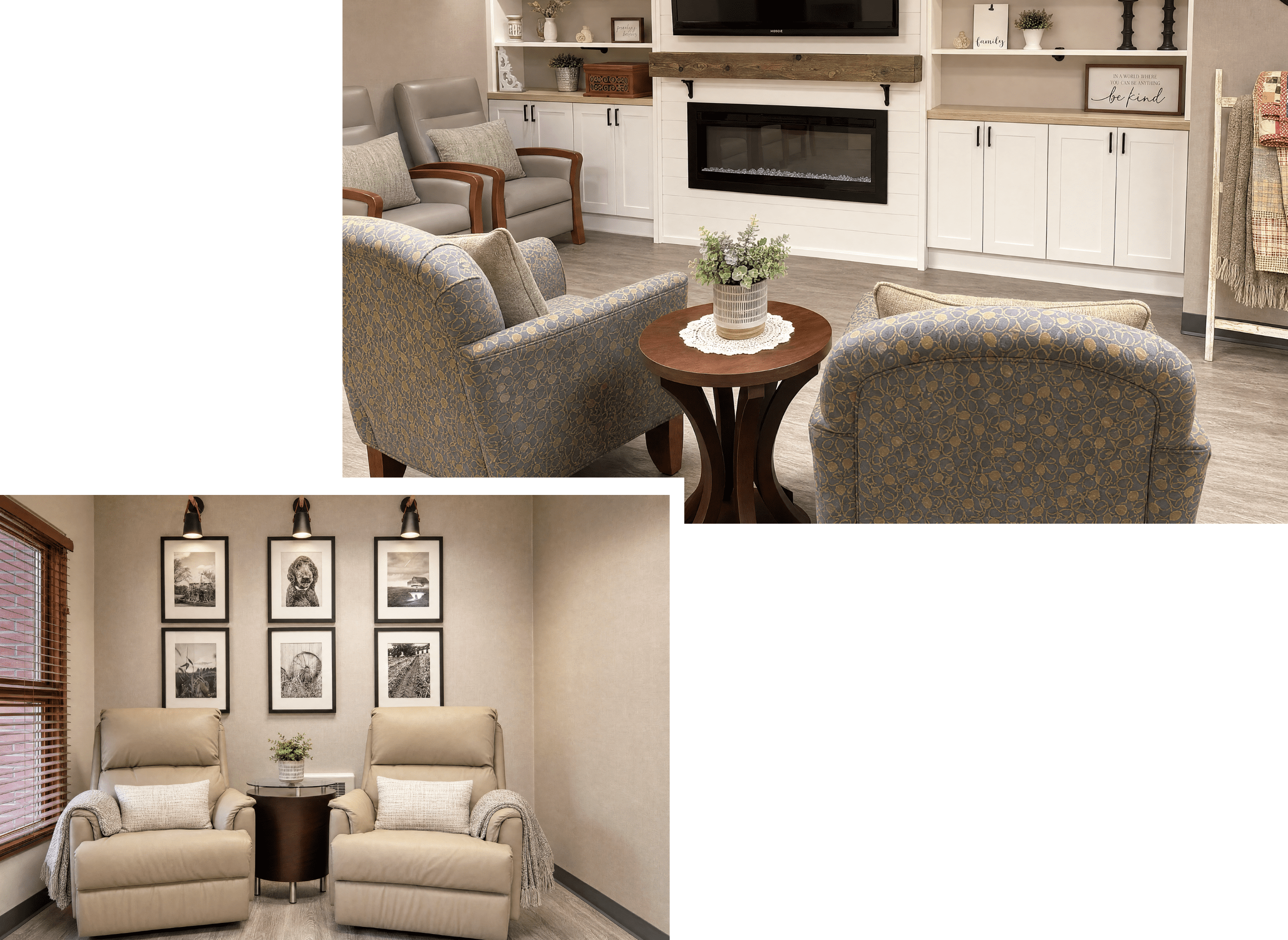 A cozy lounge area with two patterned armchairs and a small wooden table with a potted plant, a fireplace, and built-in white cabinets with decorative items on shelves. Another corner features two beige recliners with pillows, a small round table, and framed black-and-white photographs on the wall.