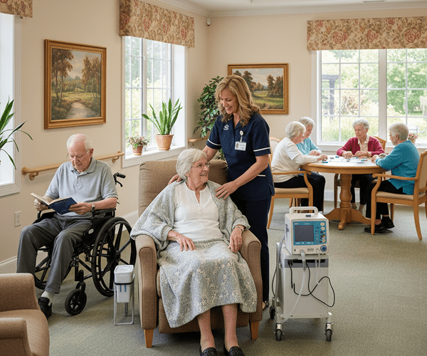 A caregiver smiling and talking to an elderly woman sitting in a chair, with a man in a wheelchair reading a book nearby, in a bright room with large windows, paintings on the wall, and a group of elderly women sitting at a table in the background.