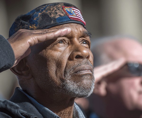 An elderly man in military uniform salutes with his right hand, looking upward with a respectful expression.